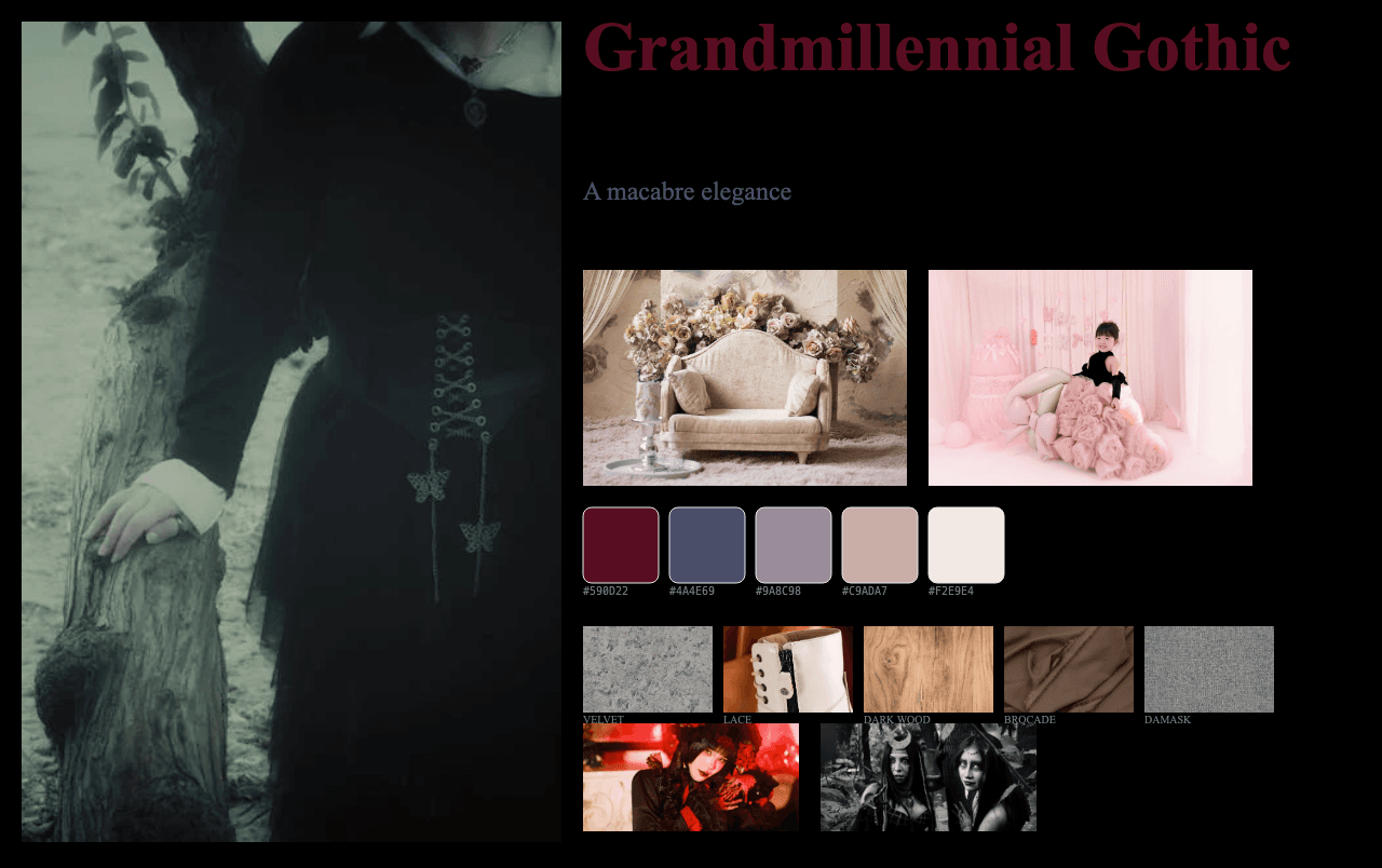 Complete Grandmillennial Gothic moodboard layout with reference images and color palette