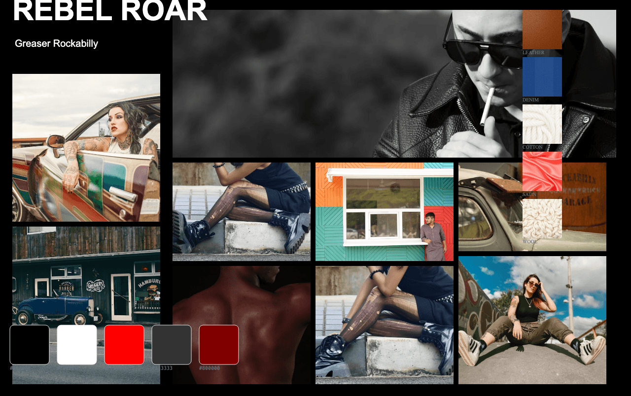 Complete Greaser Rockabilly Rebel moodboard layout with reference images and color palette