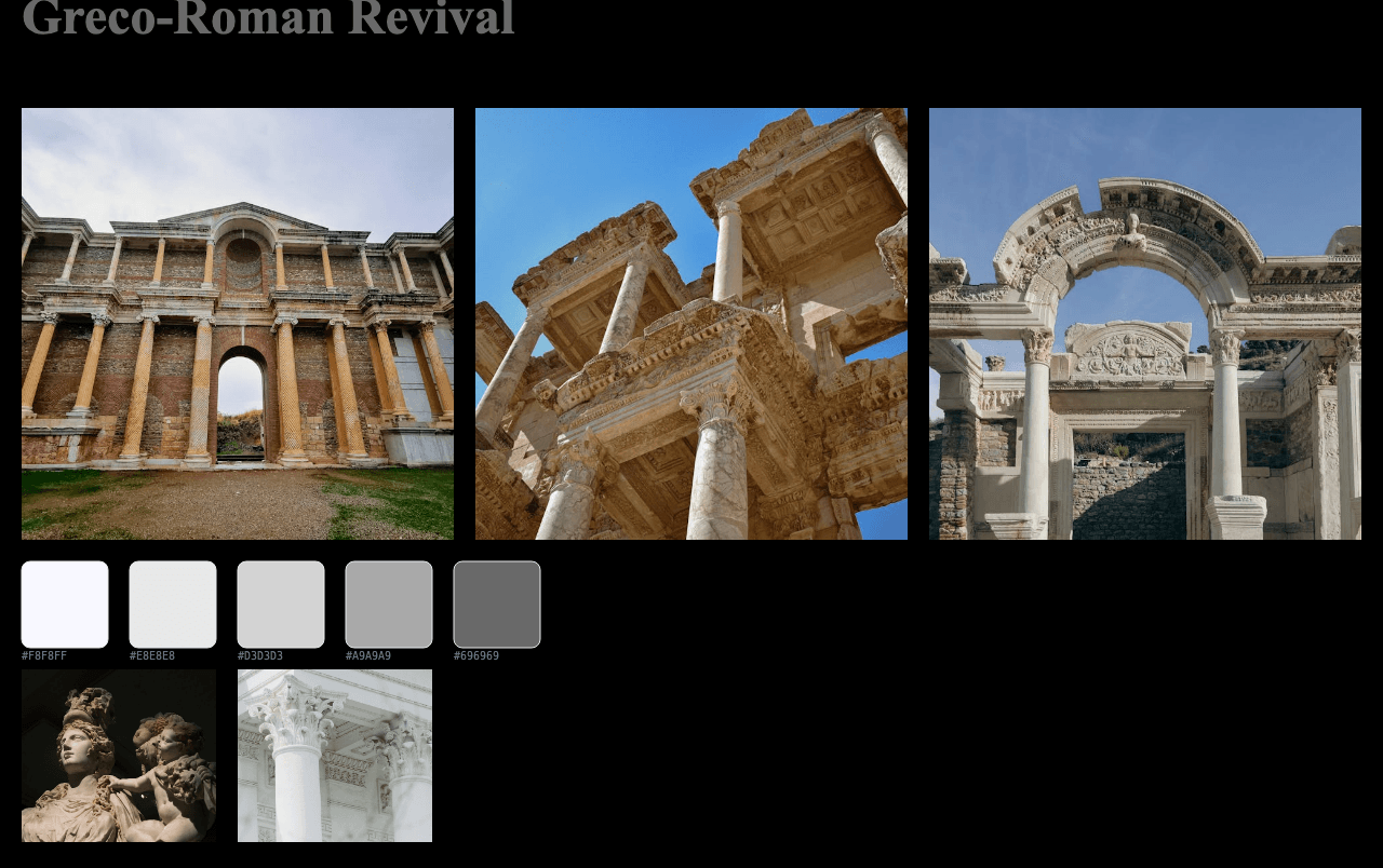Complete Greco-Roman Revival moodboard layout with reference images and color palette
