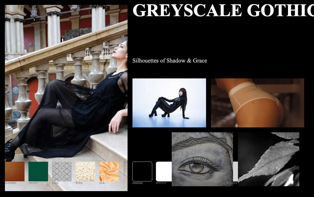 Complete Greyscale Gothic Minimalism moodboard layout with reference images and color palette