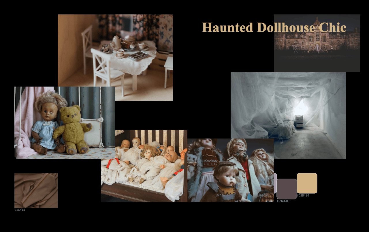 Complete Haunted Dollhouse Chic moodboard layout with reference images and color palette
