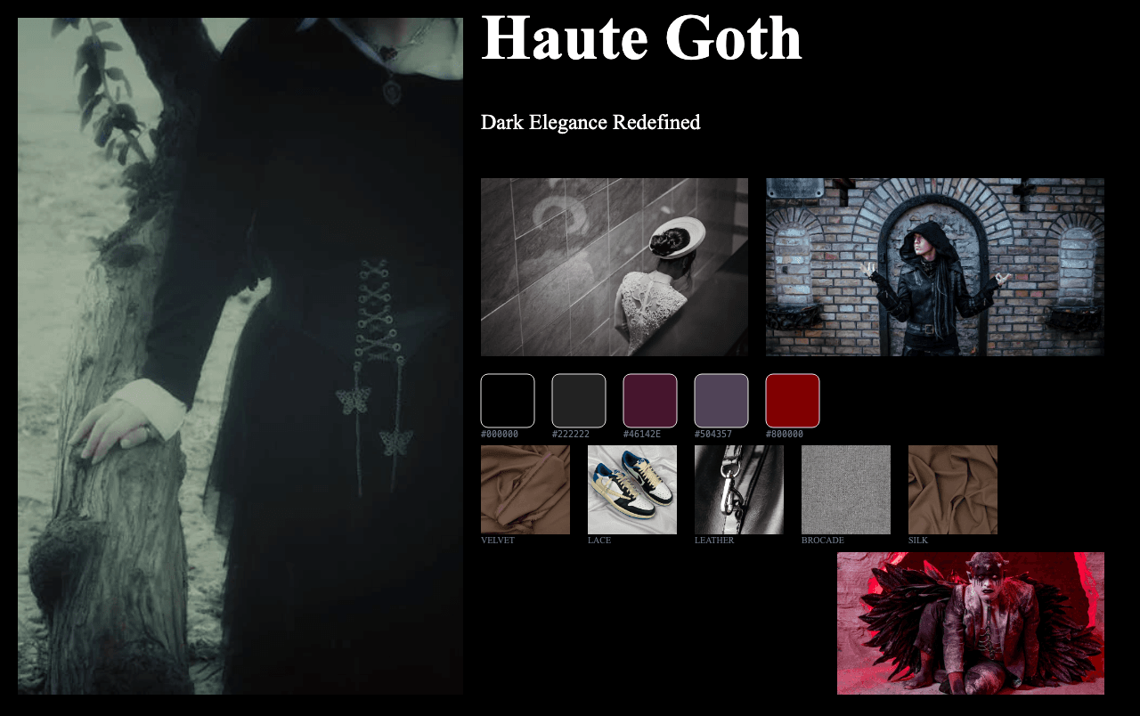 Complete Haute Goth moodboard layout with reference images and color palette