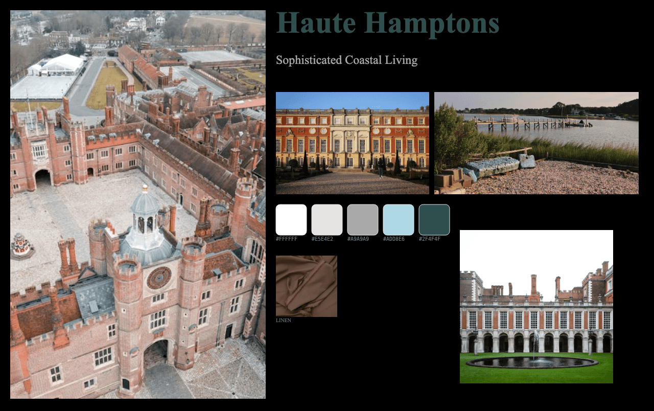 Complete Haute Hamptons moodboard layout with reference images and color palette