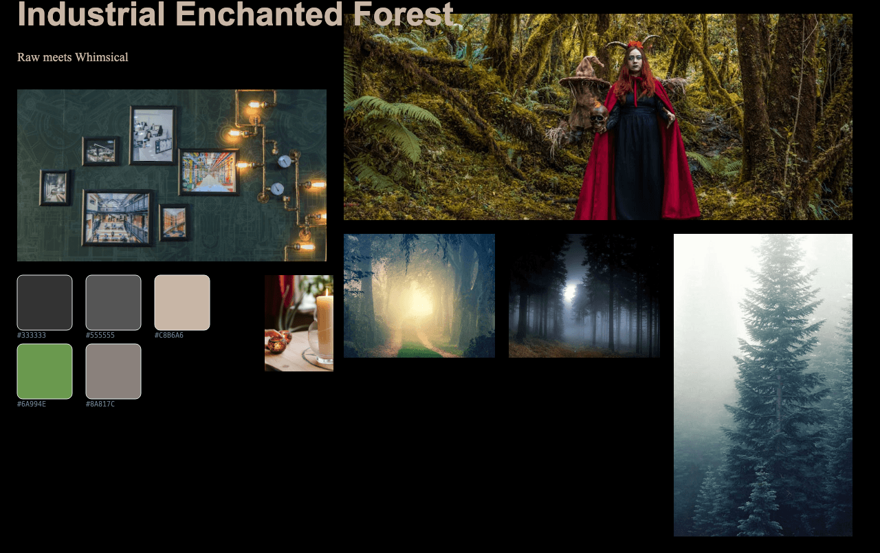 Complete Industrial Enchanted Forest moodboard layout with reference images and color palette