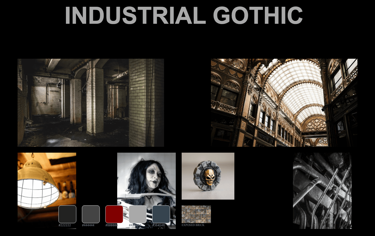 Complete Industrial Gothic moodboard layout with reference images and color palette