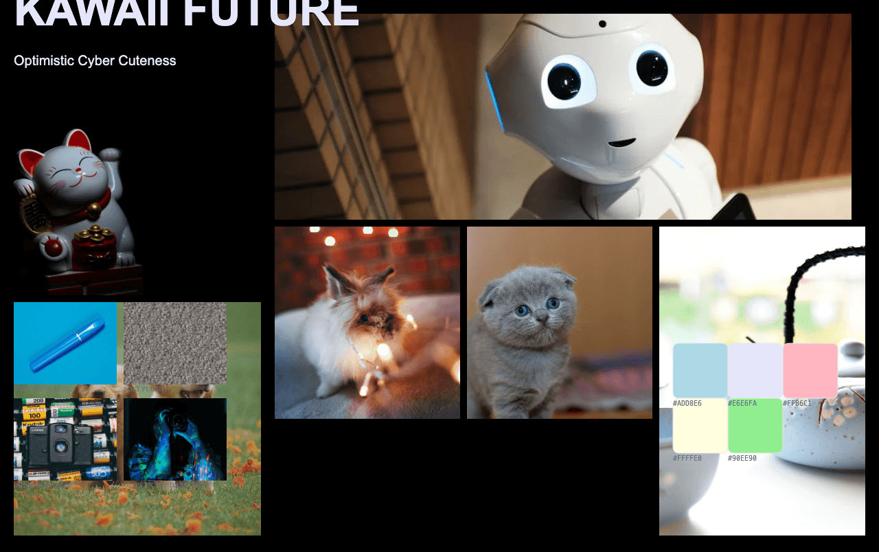 Complete Kawaii Future moodboard layout with reference images and color palette