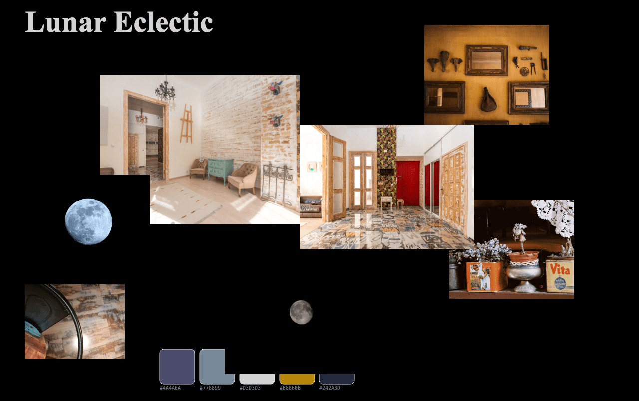 Complete Lunar Eclectic Design moodboard layout with reference images and color palette