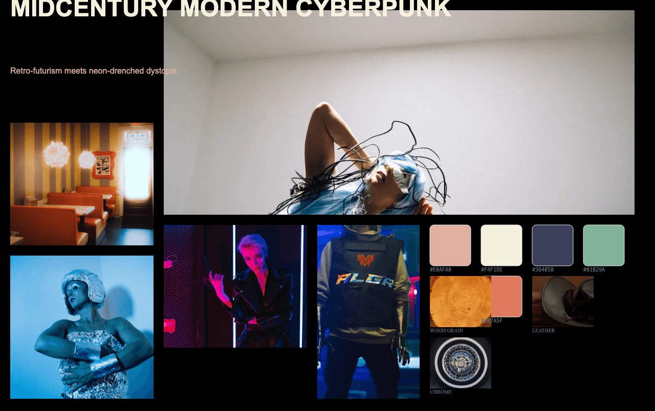 Complete Midcentury Modern Cyberpunk moodboard layout with reference images and color palette