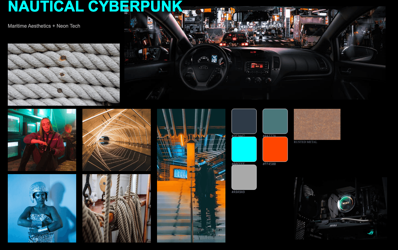 Complete Nautical Cyberpunk moodboard layout with reference images and color palette