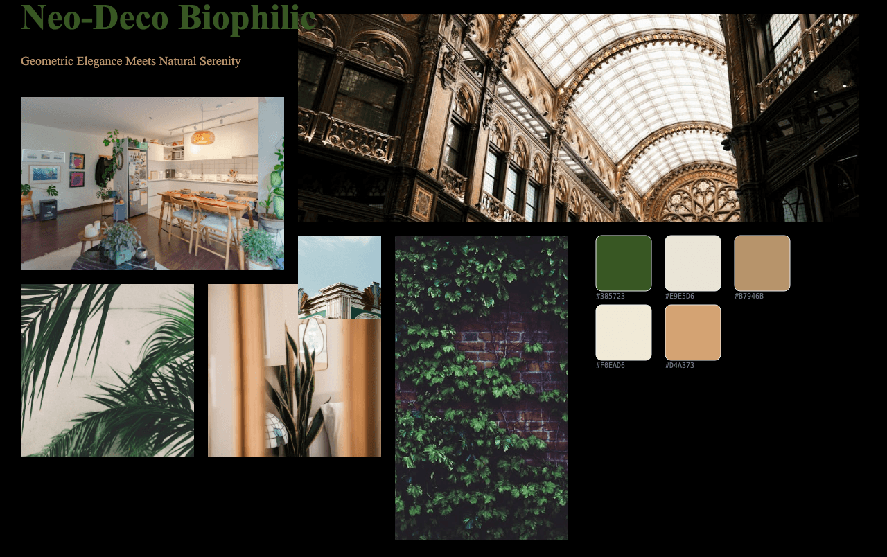 Complete Neo-Deco Biophilic moodboard layout with reference images and color palette