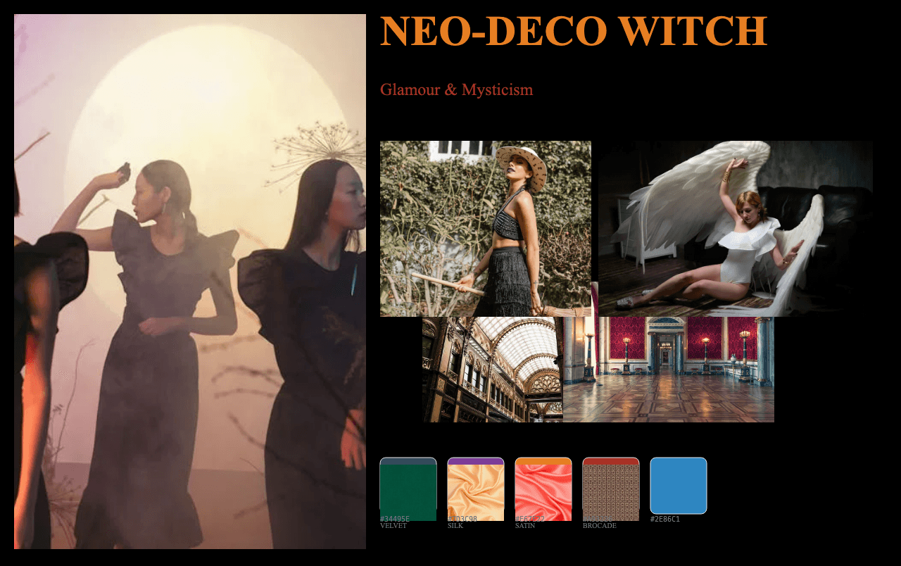 Complete Neo-Deco Witch moodboard layout with reference images and color palette