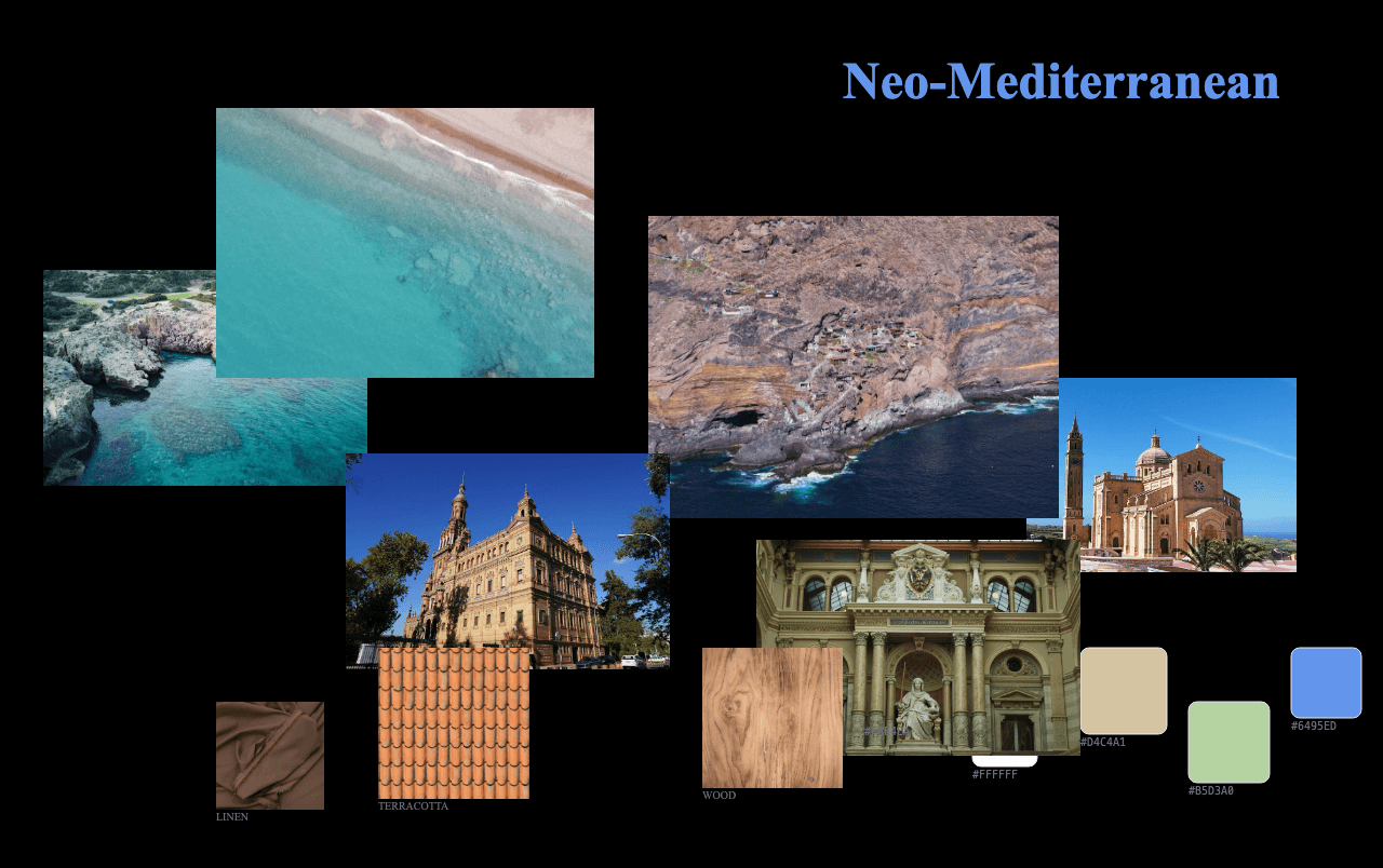 Complete Neo-Mediterranean moodboard layout with reference images and color palette
