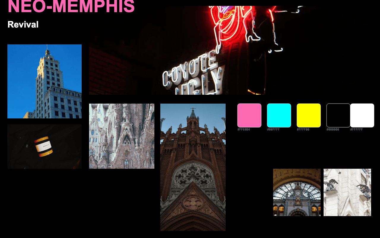 Complete Neo-Memphis Revival moodboard layout with reference images and color palette