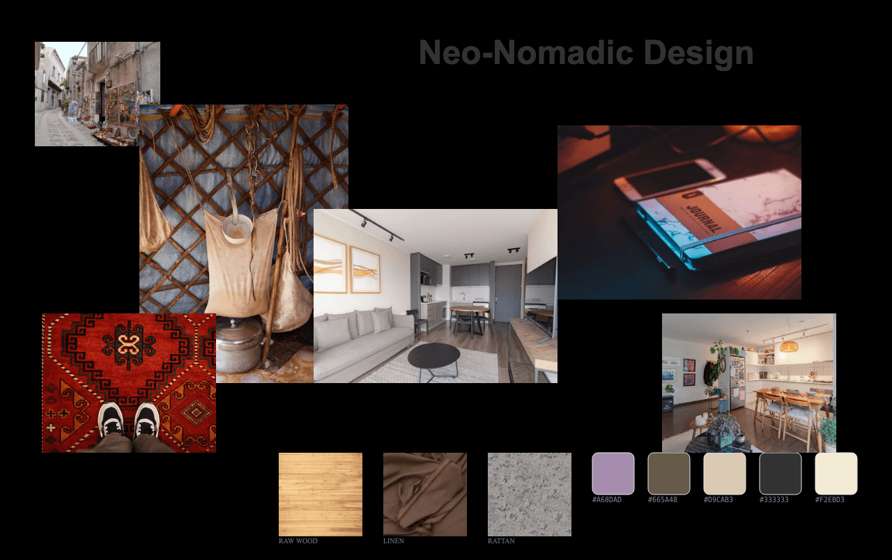 Complete Neo-Nomadic Design moodboard layout with reference images and color palette
