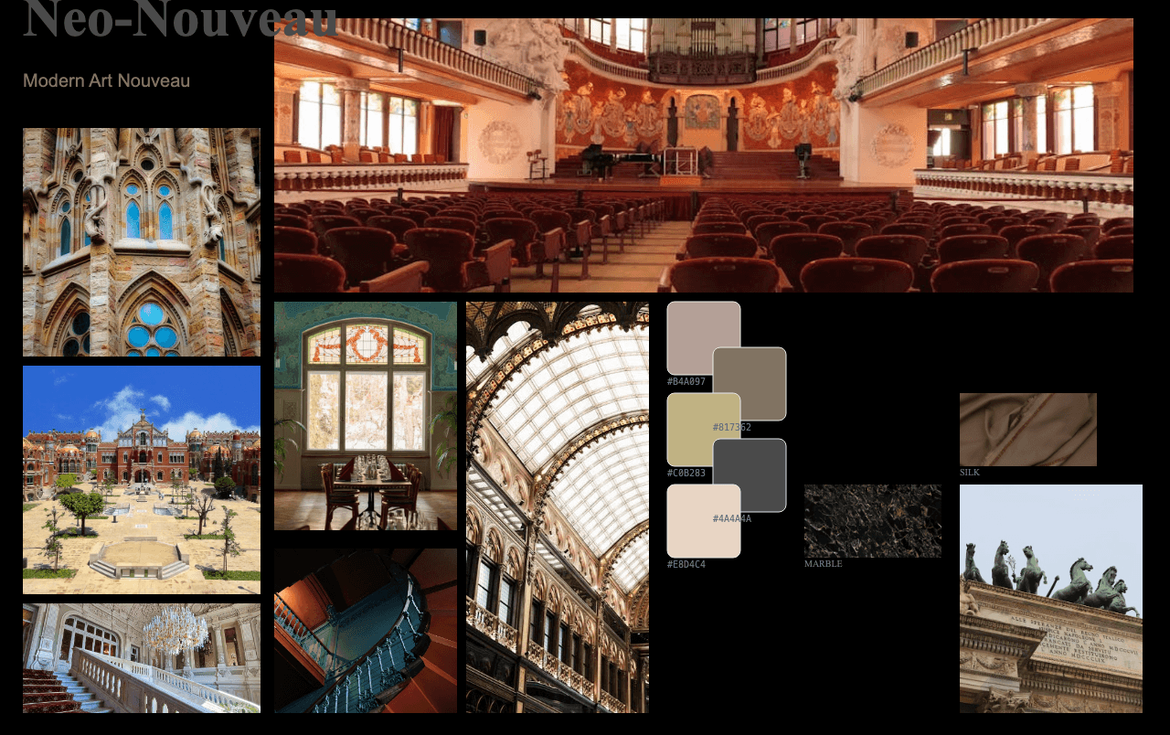 Complete Neo-Nouveau moodboard layout with reference images and color palette