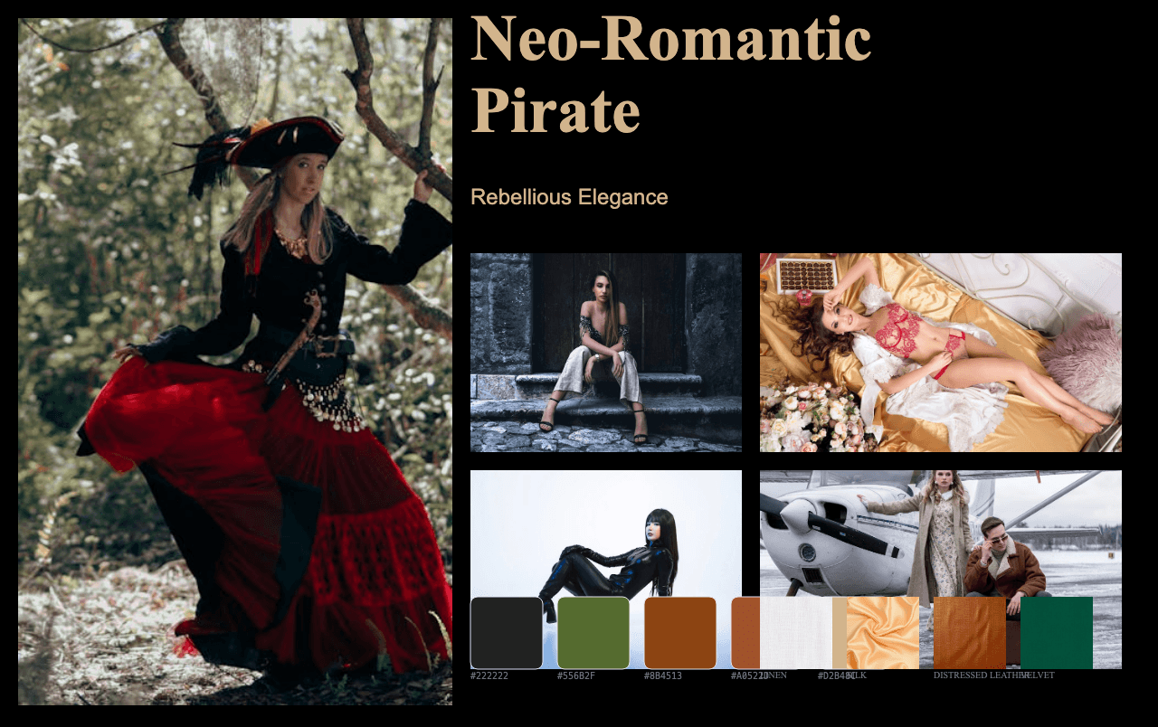 Complete Neo-Romantic Pirate moodboard layout with reference images and color palette