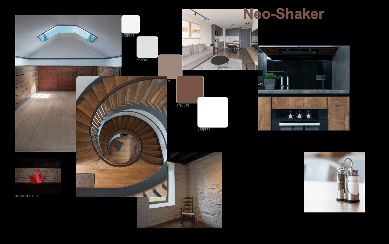 Complete Neo-Shaker Design moodboard layout with reference images and color palette