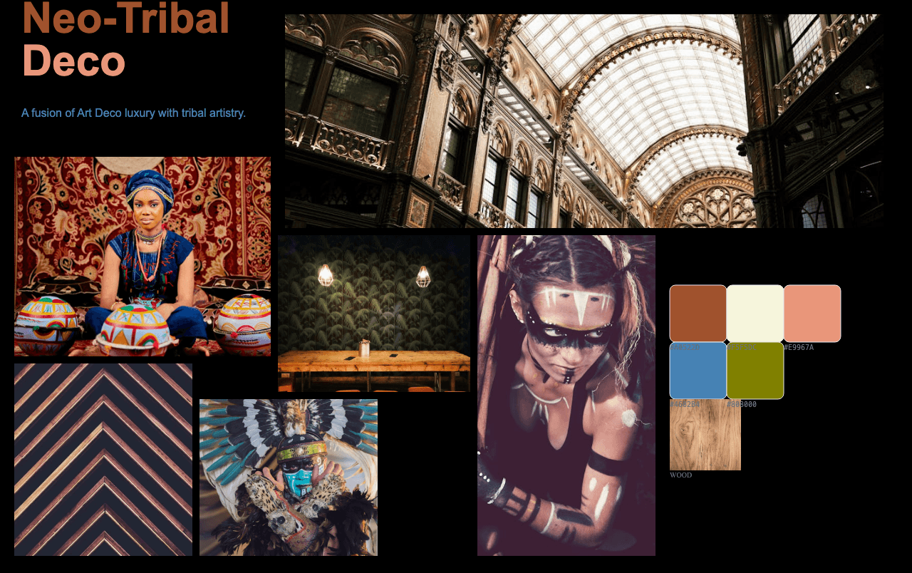 Complete Neo-Tribal Deco moodboard layout with reference images and color palette