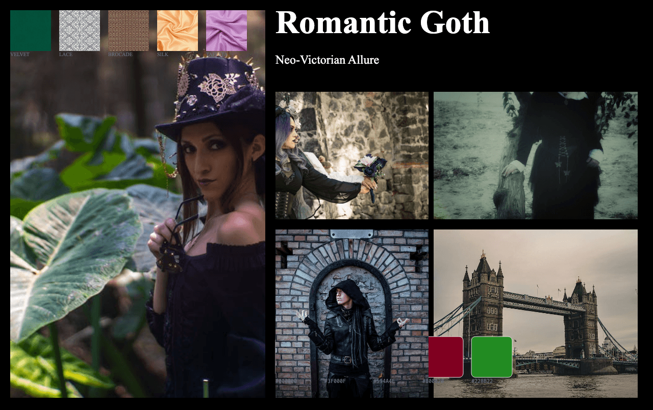 Complete Neo-Victorian Romantic Goth moodboard layout with reference images and color palette