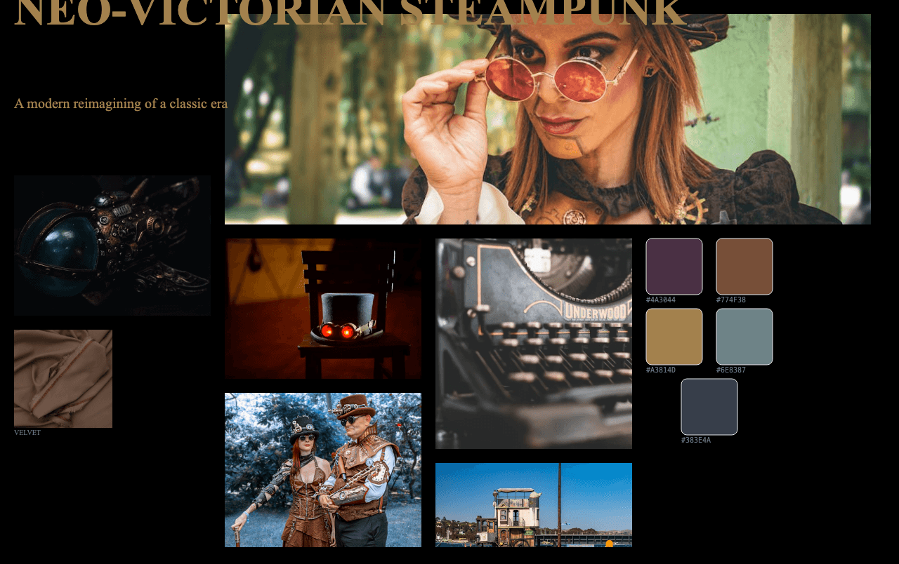 Complete Neo-Victorian Steampunk moodboard layout with reference images and color palette