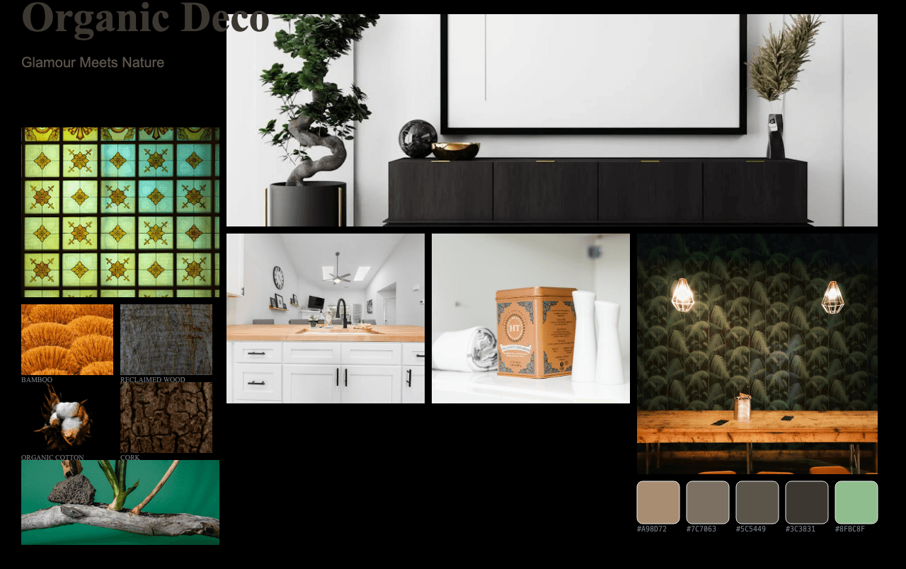 Complete Organic Deco moodboard layout with reference images and color palette