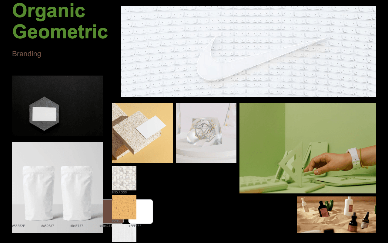 Complete Organic Geometric moodboard layout with reference images and color palette