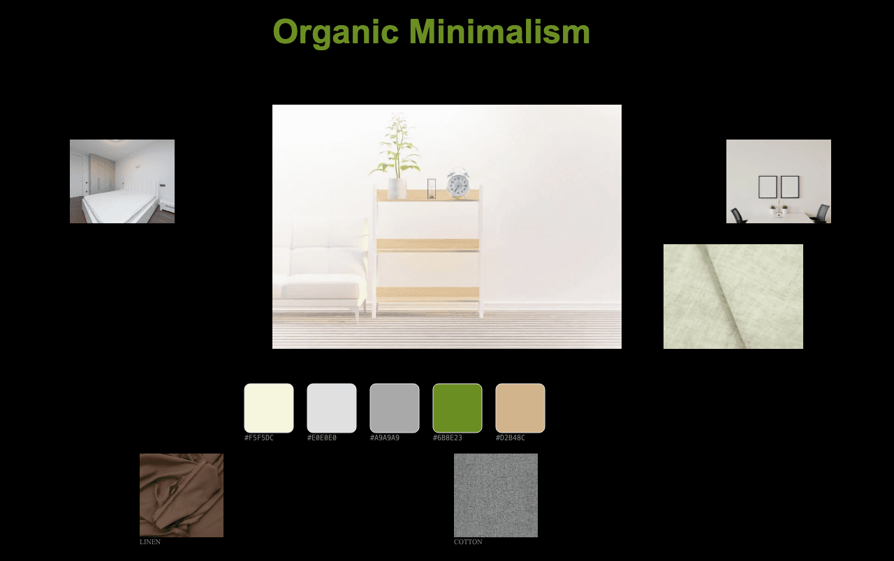 Complete Organic Minimalism moodboard layout with reference images and color palette