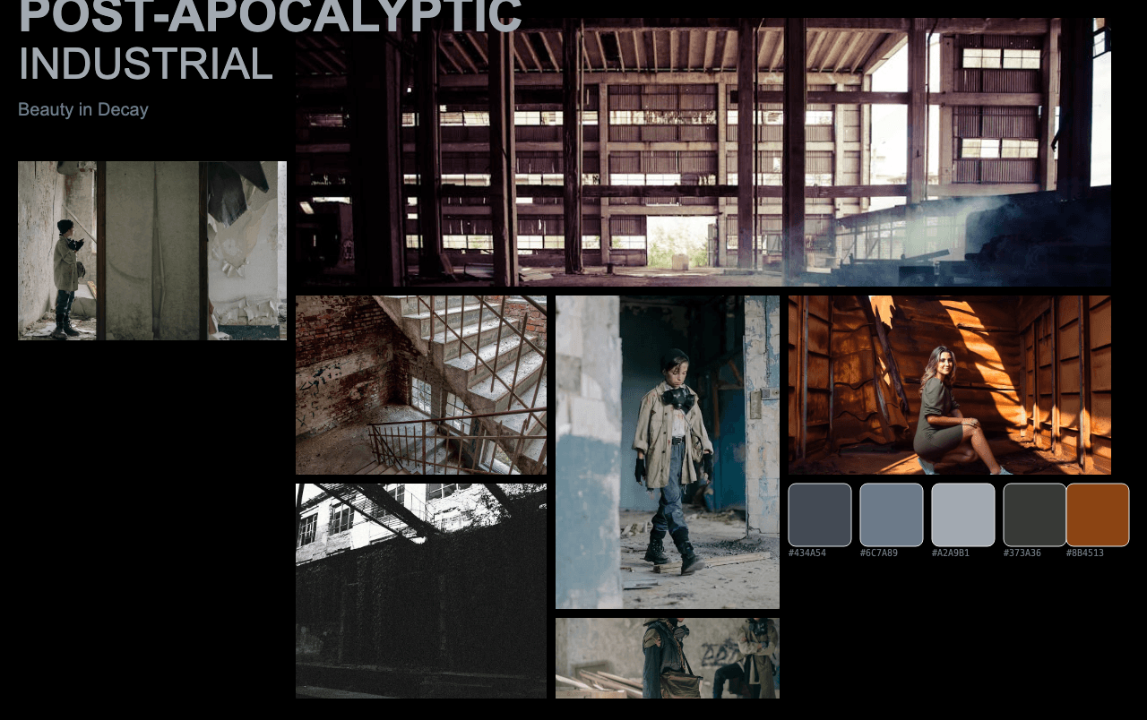 Complete Post-Apocalyptic Industrial moodboard layout with reference images and color palette