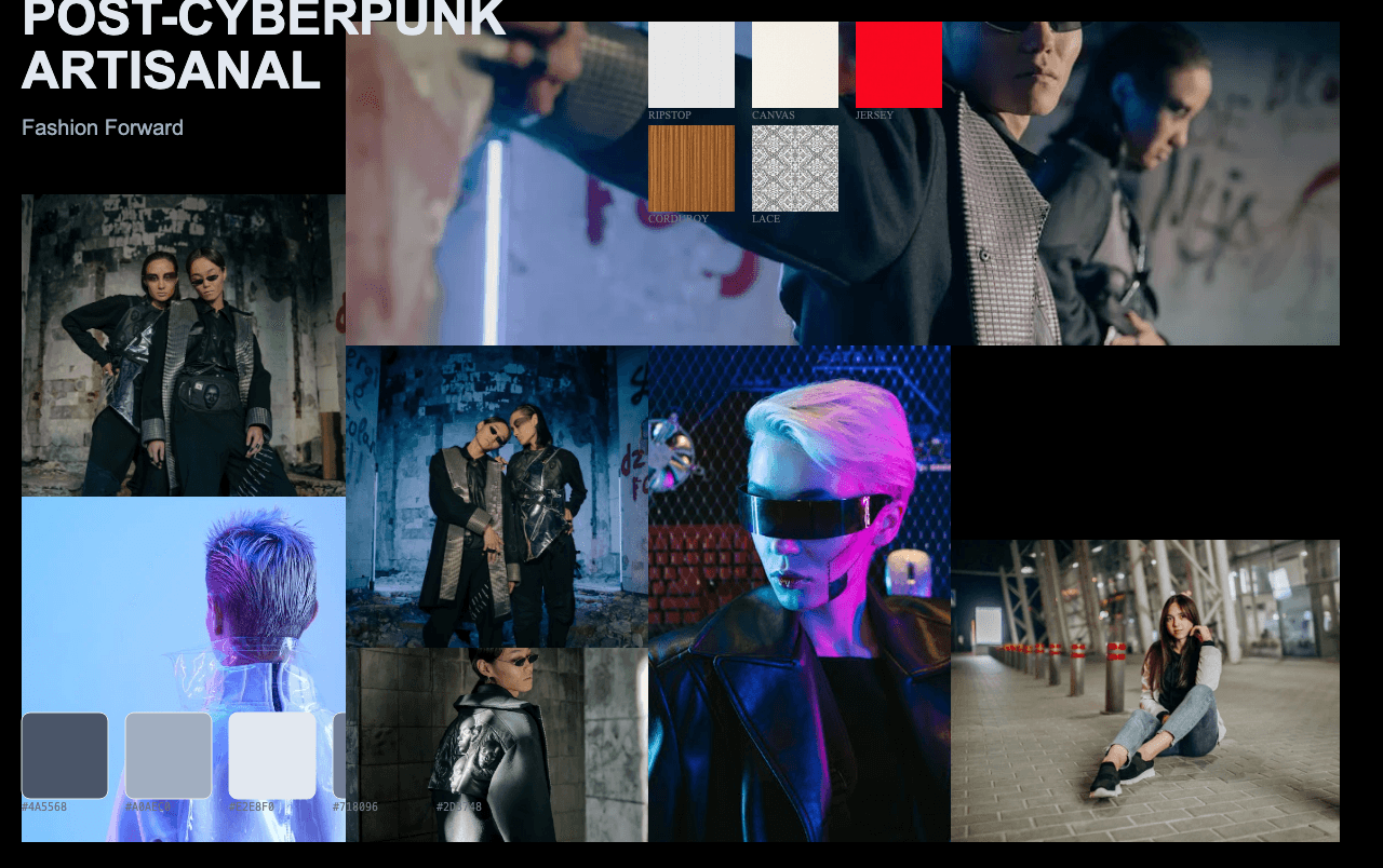 Complete Post-Cyberpunk Artisanal moodboard layout with reference images and color palette