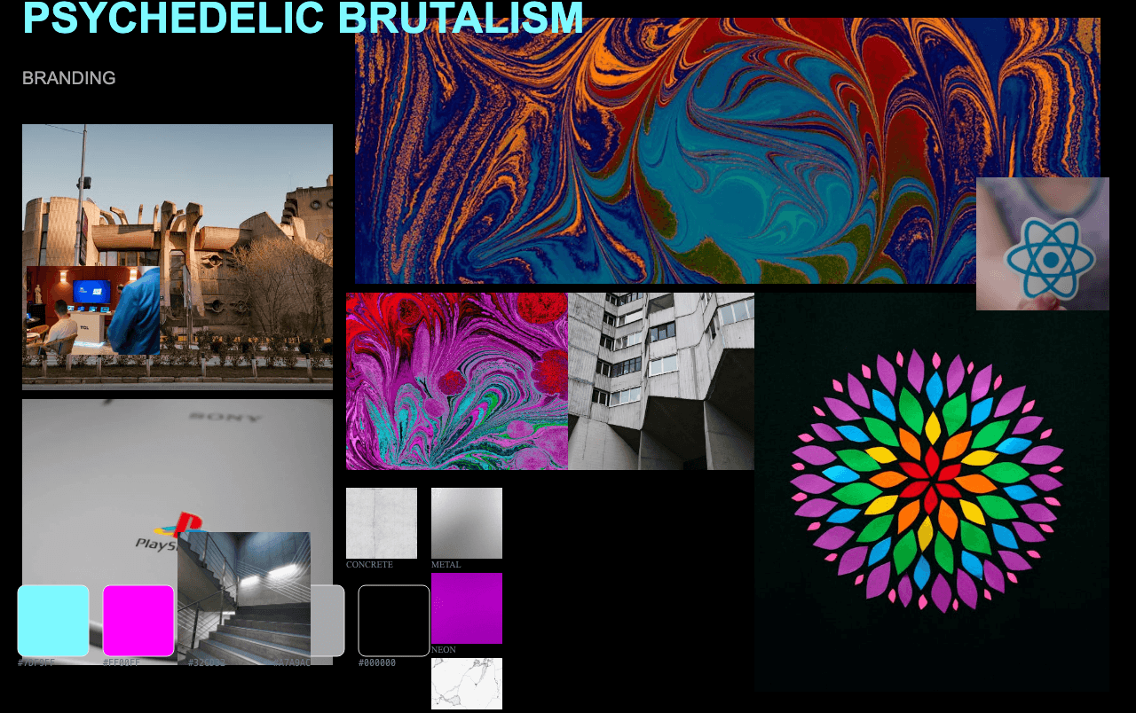 Complete Psychedelic Brutalism moodboard layout with reference images and color palette