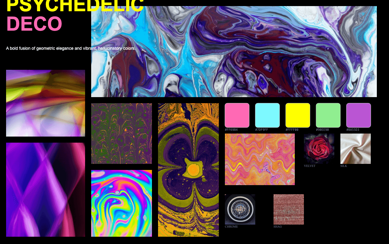 Complete Psychedelic Deco moodboard layout with reference images and color palette