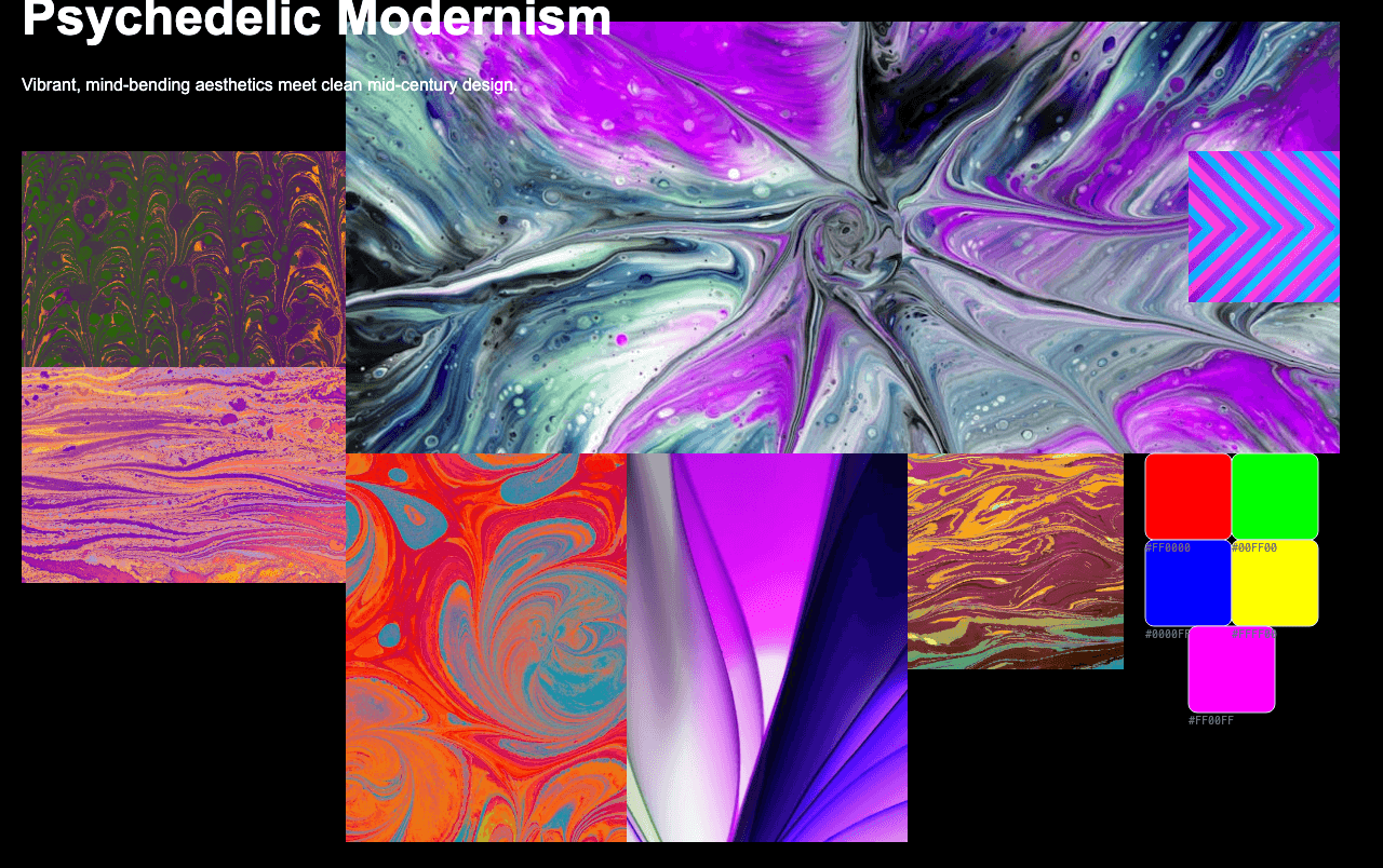 Complete Psychedelic Modernism moodboard layout with reference images and color palette
