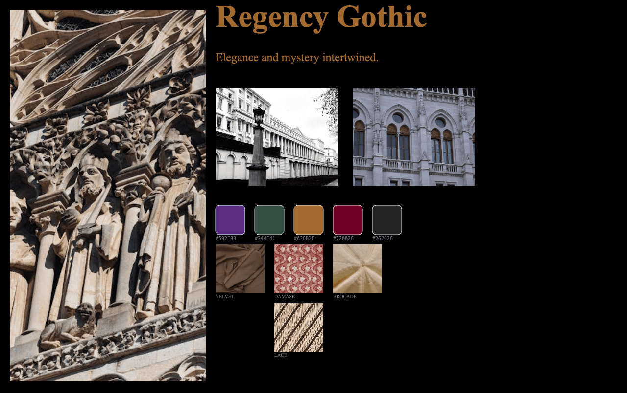 Complete Regency Gothic moodboard layout with reference images and color palette