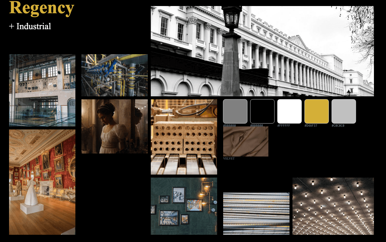Complete Regency Industrial moodboard layout with reference images and color palette