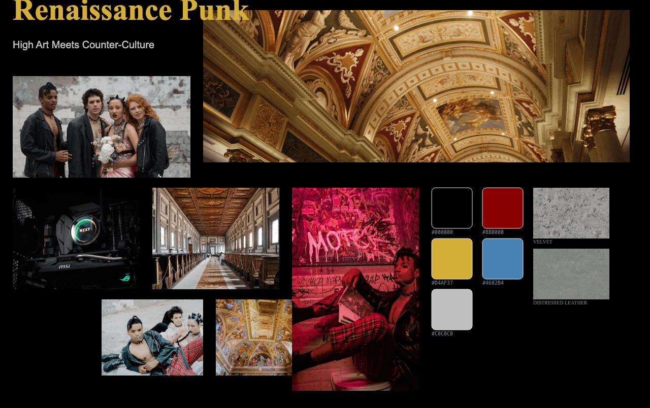 Complete Renaissance Punk moodboard layout with reference images and color palette
