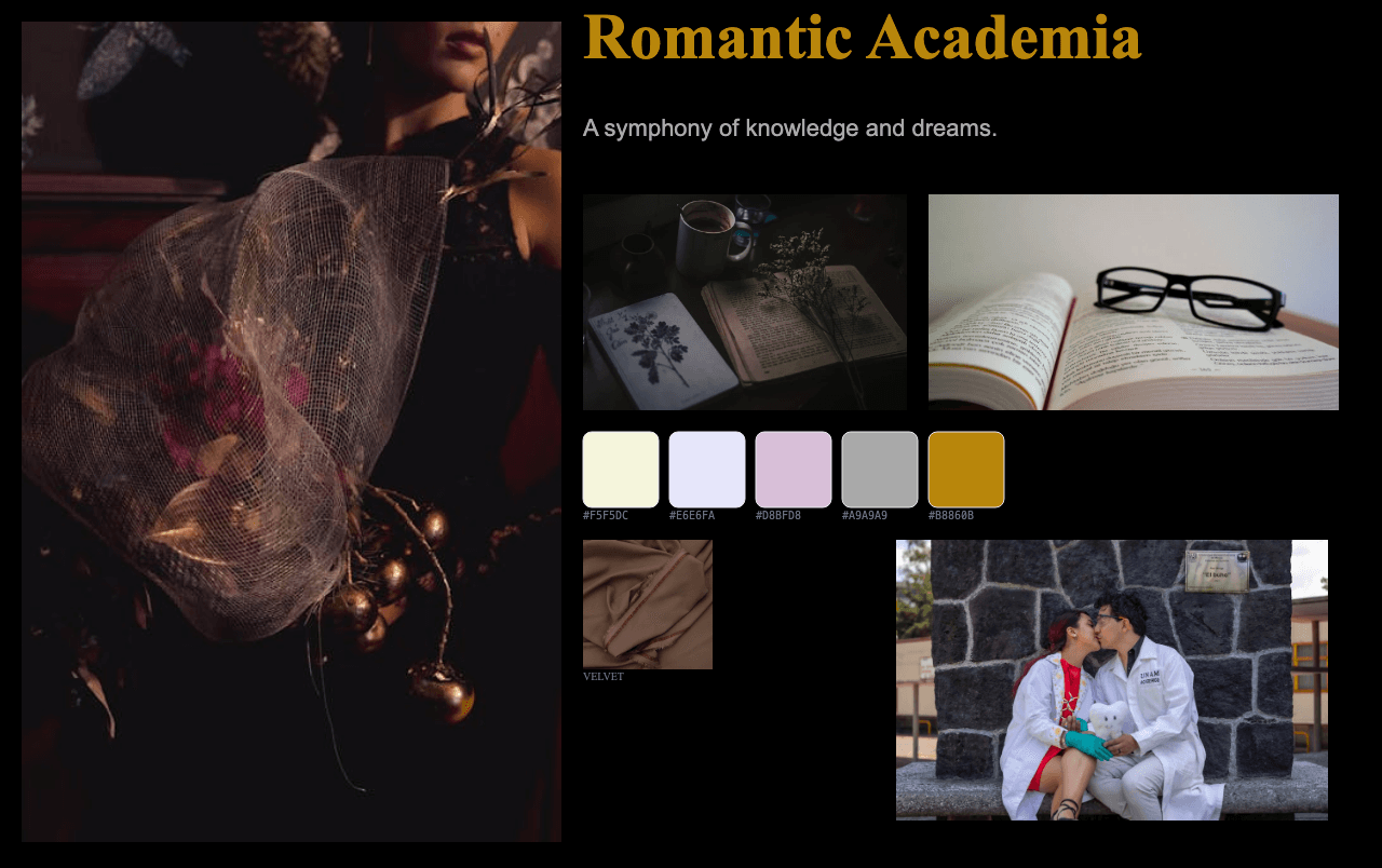 Complete Romantic Academia moodboard layout with reference images and color palette