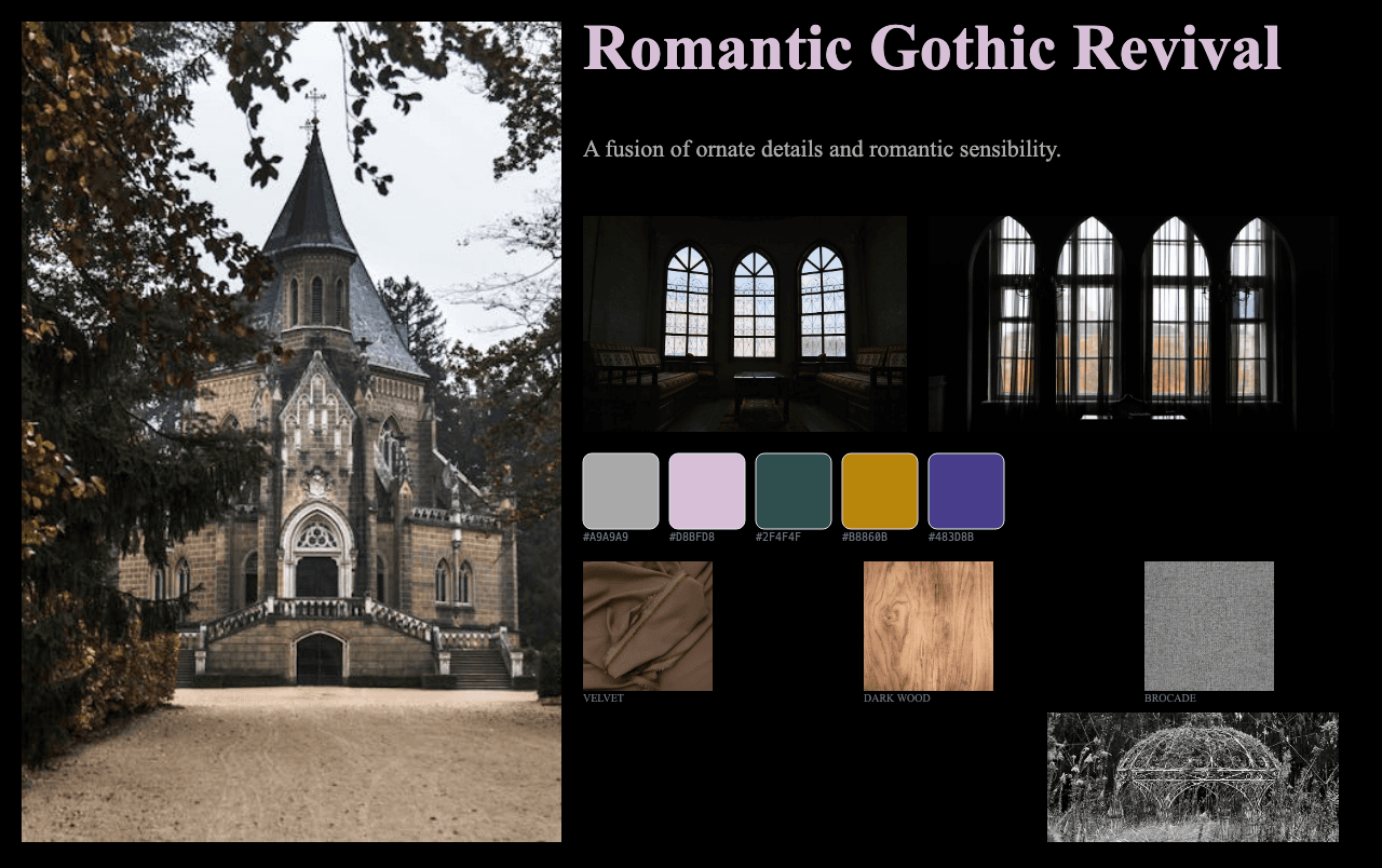 Complete Romantic Gothic Revival moodboard layout with reference images and color palette