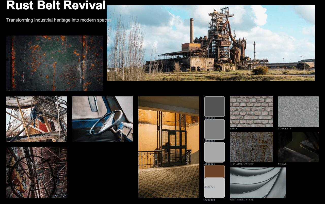 Complete Rust Belt Revival moodboard layout with reference images and color palette