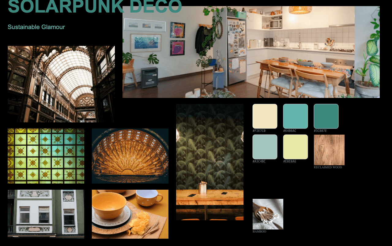 Complete Solarpunk Deco moodboard layout with reference images and color palette