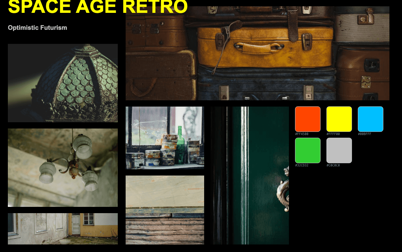 Complete Space Age Retro moodboard layout with reference images and color palette