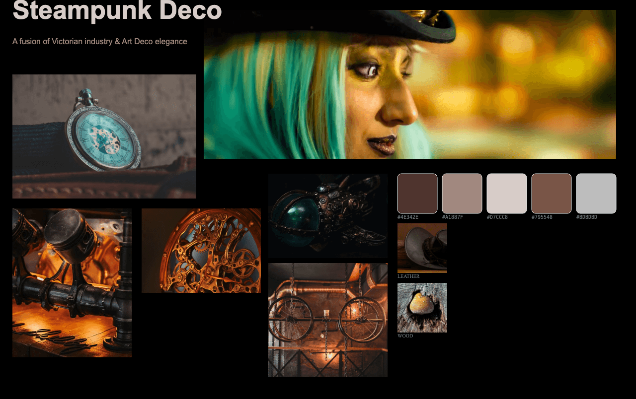 Complete Steampunk Deco Fusion moodboard layout with reference images and color palette
