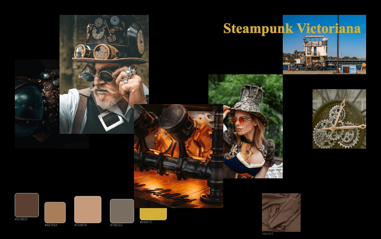 Complete Steampunk Victoriana moodboard layout with reference images and color palette