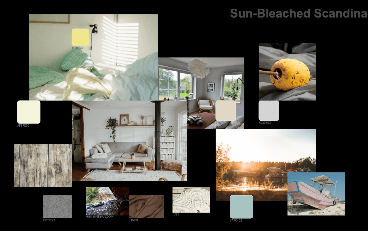 Complete Sun-Bleached Scandinavian moodboard layout with reference images and color palette