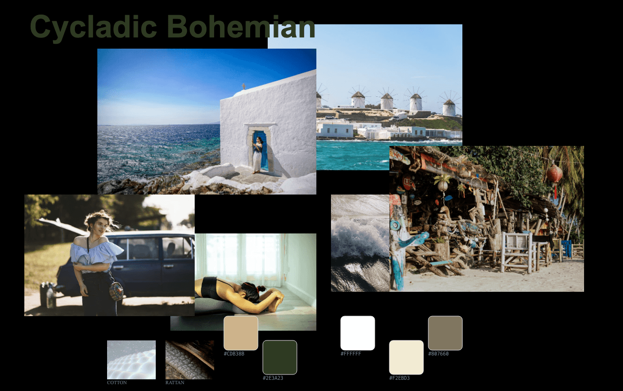 Complete Sun-Drenched Cycladic Bohemian moodboard layout with reference images and color palette