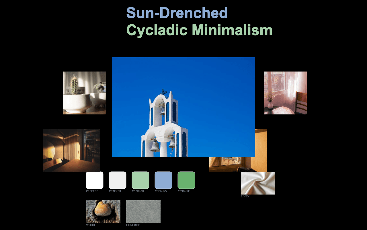 Complete Sun-Drenched Cycladic Minimalism moodboard layout with reference images and color palette