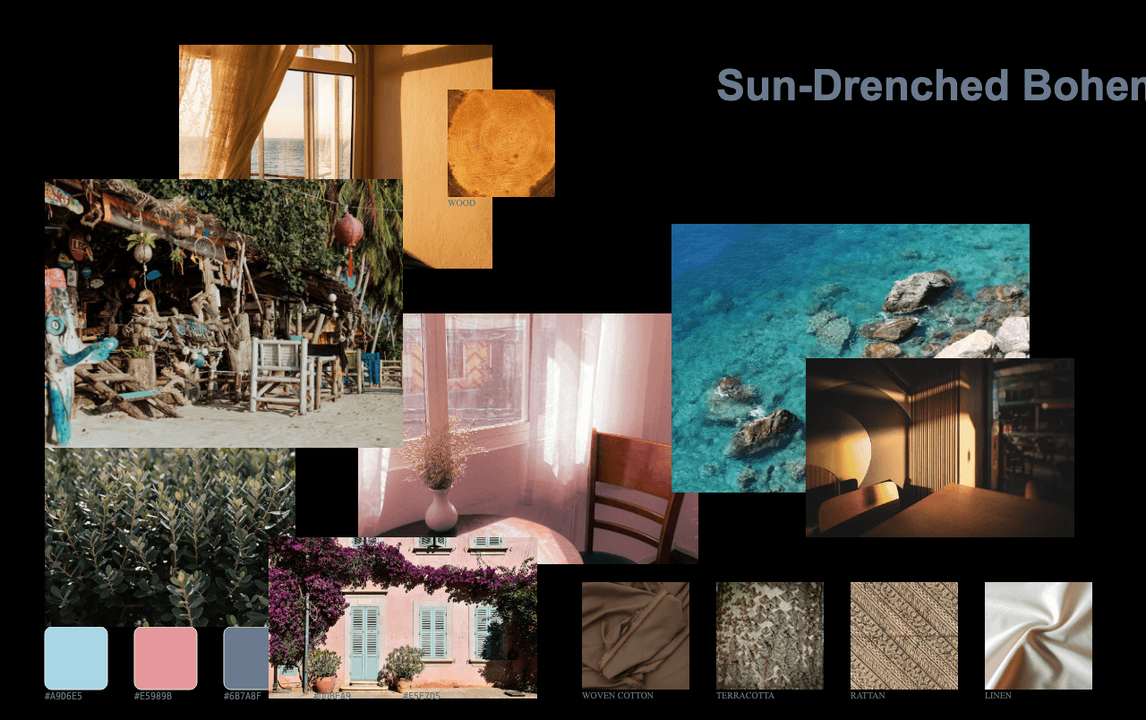 Complete Sun-Drenched Mediterranean Bohemian moodboard layout with reference images and color palette