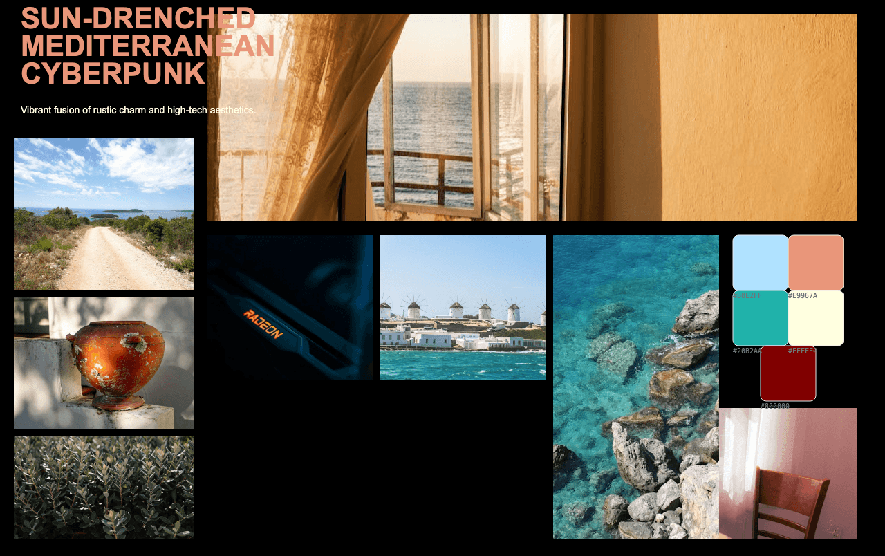 Complete Sun-Drenched Mediterranean Cyberpunk moodboard layout with reference images and color palette