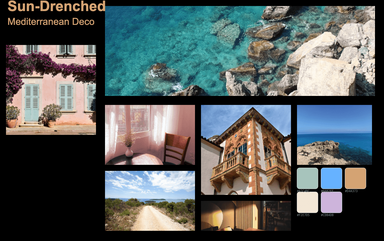 Complete Sun-Drenched Mediterranean Deco moodboard layout with reference images and color palette