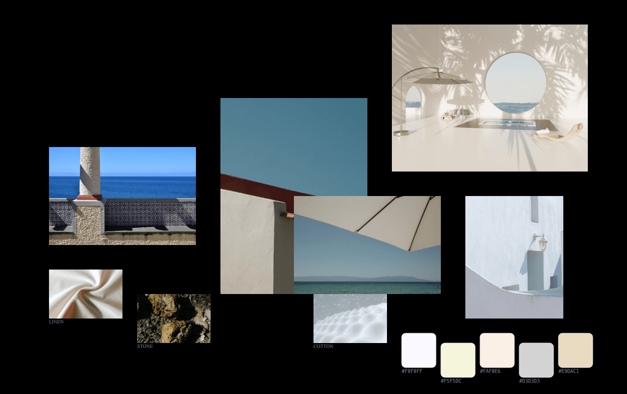 Complete Sun-Drenched Mediterranean Minimalism moodboard layout with reference images and color palette