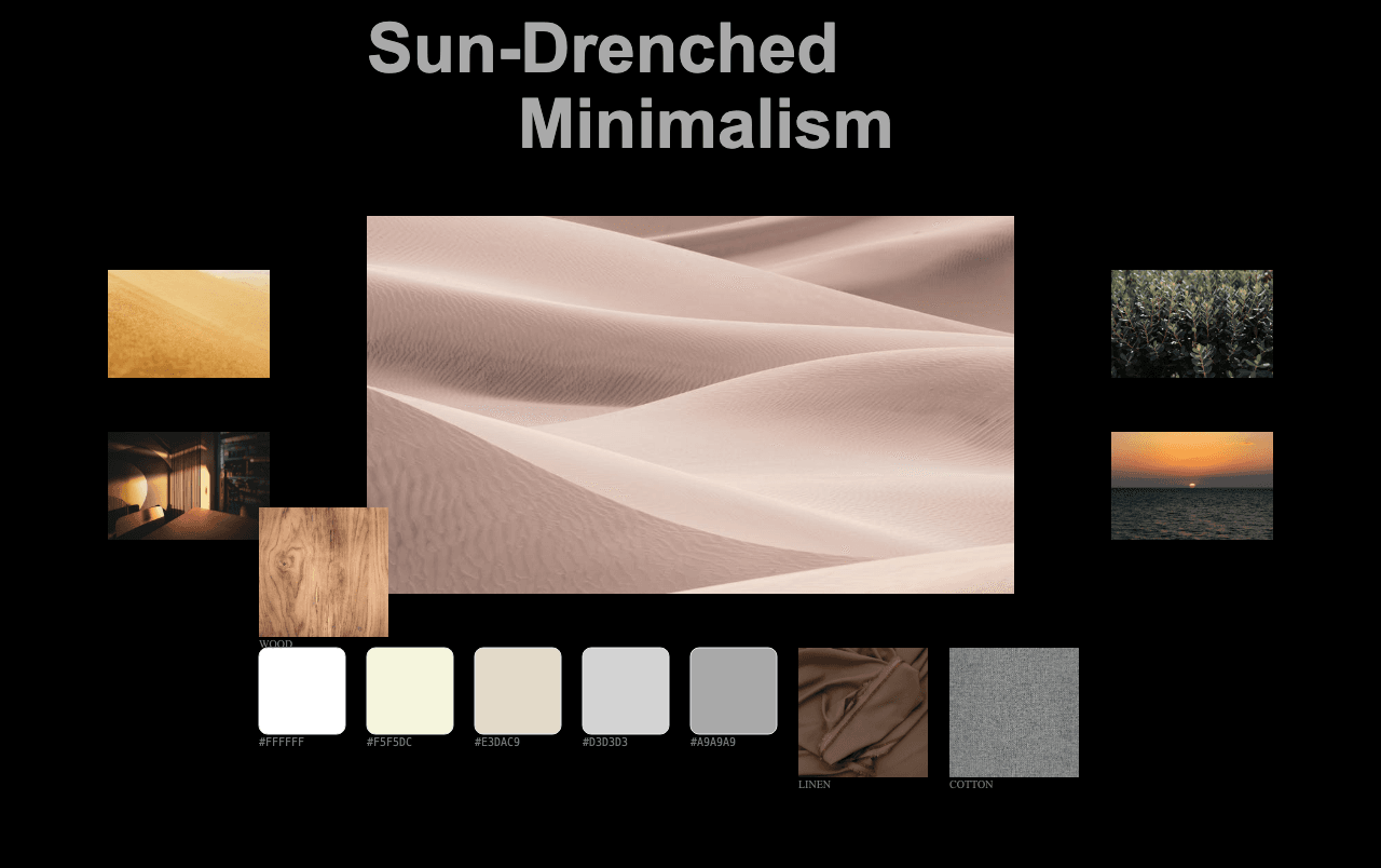 Complete Sun-Drenched Minimalism moodboard layout with reference images and color palette